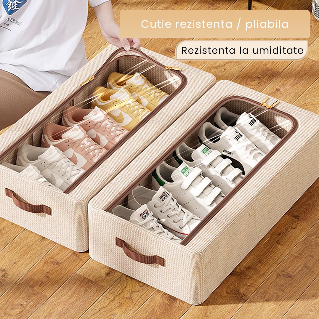 Cutie Depozitare cu Cadru Metalic, pentru Incaltaminte, Haine, Lingerie, Fermoar Calitativ, Fereastra Transparenta, Manere Laterale, 60 x 30 x 15 cm Bej [3]