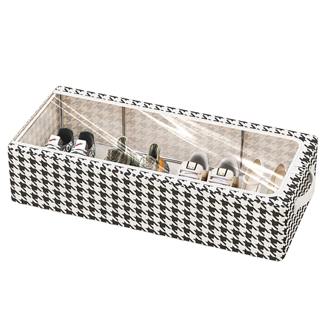 Articole pentru Casa si Curatenie - Cutie Depozitare cu Cadru Metalic, pentru Incaltaminte, Haine, Lingerie, Fermoar Calitativ, Fereastra Transparenta, Manere Laterale, 60 x 30 x 16 cm, Alb Negru