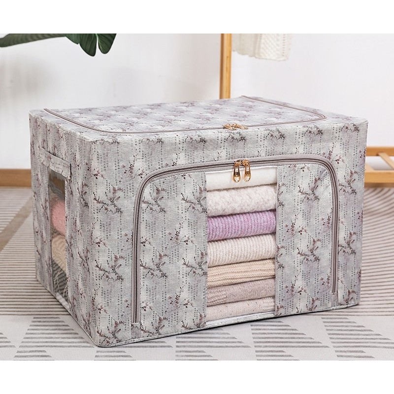 Cutie Depozitare, 66L, din Material Textil, 50 x 40 x 33 cm, pentru Haine si Lenjerii, Model Flori de Primavara, Gri [1]