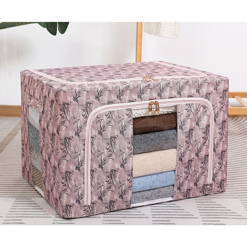 Cutie Depozitare, 66L, din Material Textil, 50 x 40 x 33 cm, pentru Haine si Lenjerii, Model Bambus, Roz [1]