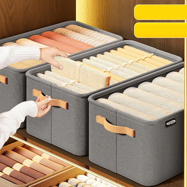 Cutie Depozitare pentru Haine, lucruri, din Textil cu Cadru Metalic, Manere Laterale, forma Dreptunghiulara, 42 x 28 x 25 cm, volum 29 L, Gri [2]