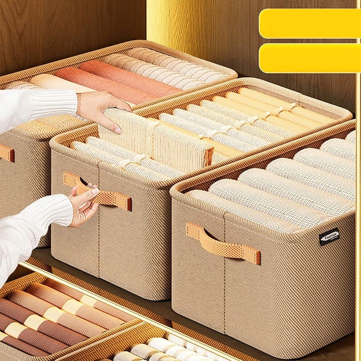 Cutie Depozitare pentru Haine, lucruri, din Textil cu Cadru Metalic, Manere Laterale, forma Dreptunghiulara, 42 x 28 x 25 cm, volum 29 L, Kaki [2]