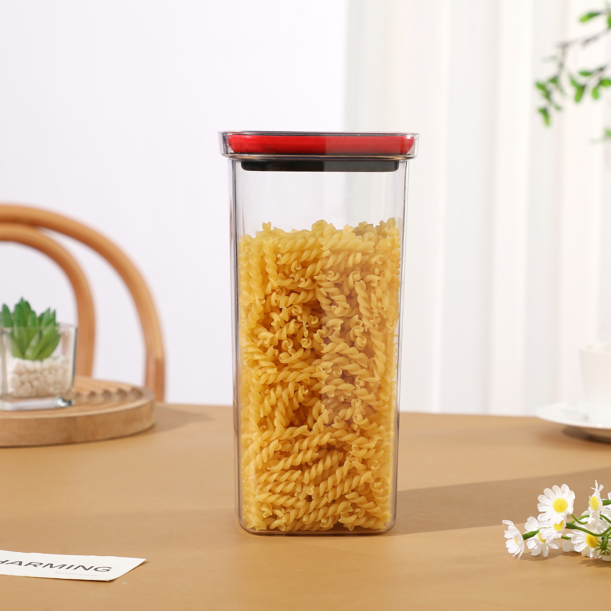 Cutie de Depozitare Alimente, Cutie de tip Container, Recipient pentru Cereale in Bucatarie, 11.5 x 11.5 x 23 cm, volum 2000 ml, Transparenta cu Capac Negru [2]