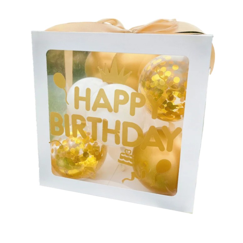 Accesorii Baloane - Cutie pentru Baloane, Tematica Aniversare, Model Scris Happy Birthday, Baloane Aurii, Albe si Panglica Incluse, Contur Alb, Transparenta, 30x30 cm
