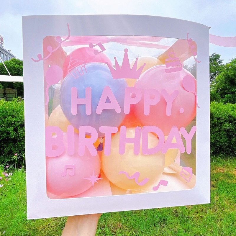 Cutie pentru Baloane, Tematica Aniversare, Model Scris Happy Birthday, Baloane Albastre, Roz, Galbene si Panglica Incluse, Contur Alb, Transparenta, 30x30 cm [2]