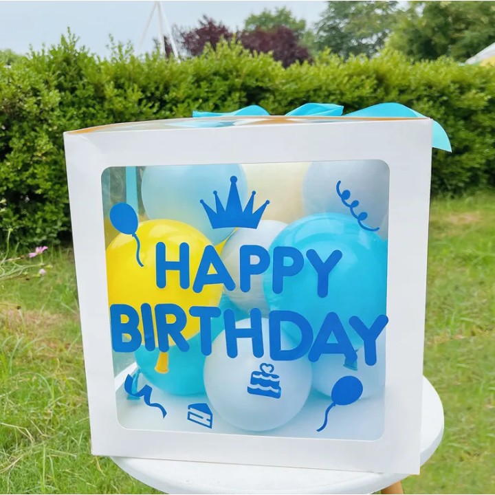 Cutie pentru Baloane, Tematica Aniversare, Model Scris Happy Birthday, Baloane Albastre, Albe, Galbene si Panglica Incluse, Contur Alb, Transparenta, 30x30 cm [1]
