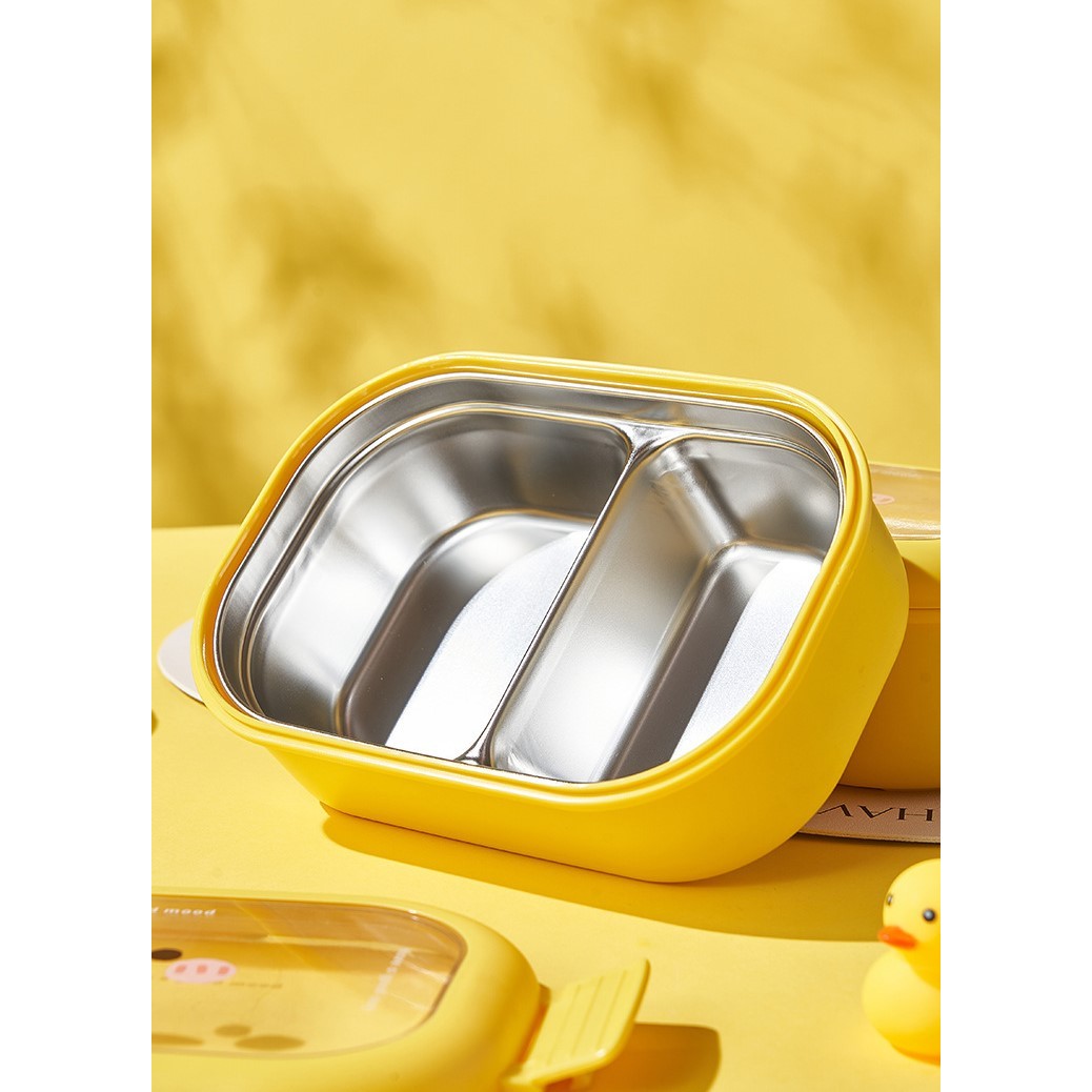 Cutie pentru Pranz sau Gustari, cu Doua Compartimente, Model Ratusca, pentru Copii si Adulti, Etansare, PP, Perfect pentru Scoala si Birou, 1000 mL, 22.5x14.5x8 cm, Galben [10]