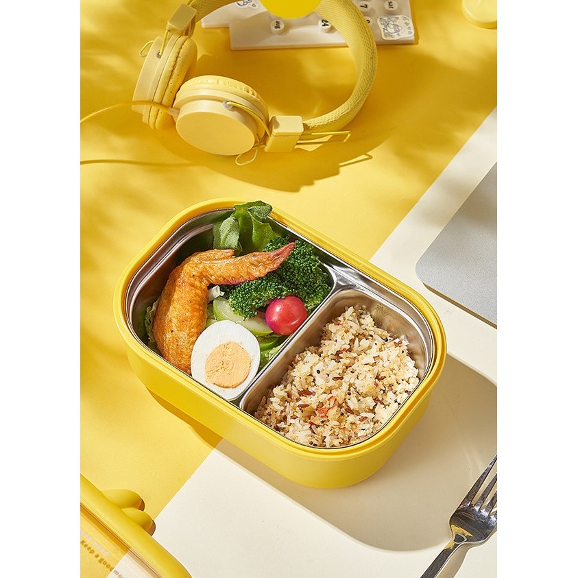 Cutie pentru Pranz sau Gustari, cu Doua Compartimente, Model Ratusca, pentru Copii si Adulti, Etansare, PP, Perfect pentru Scoala si Birou, 1000 mL, 22.5x14.5x8 cm, Galben [8]