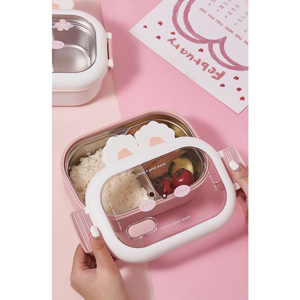 Cutie pentru Pranz sau Gustari, cu Doua Compartimente, Model Iepuras, pentru Copii si Adulti, Etansare, PP, Perfect pentru Scoala si Birou, 1000 mL, 22x17.8x8 cm, Roz [3]