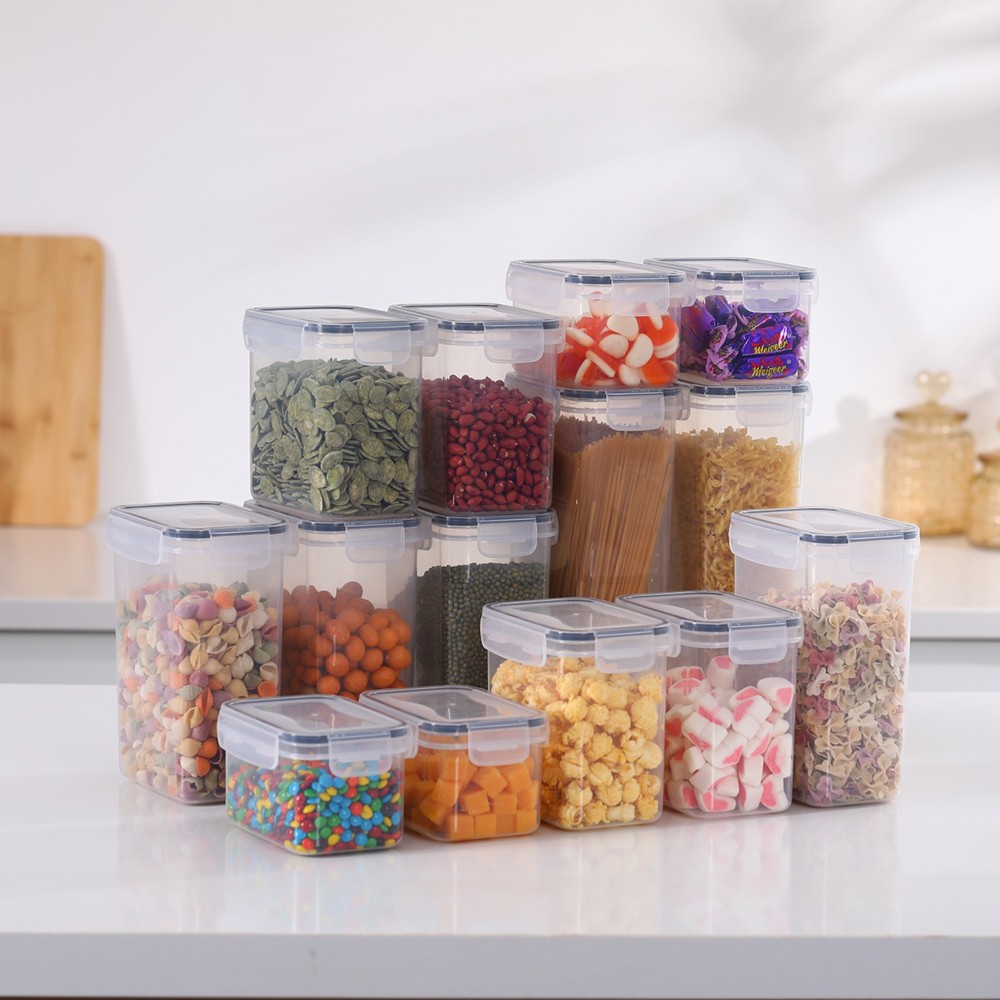 Cutii de depozitare alimente, Set din 14 Cutii pentru Condimente, Cereale, Cutii pentru Bucatarie, din Plastic PP, Cutii Alimentare, Diferite Dimensiuni, Transparente [3]