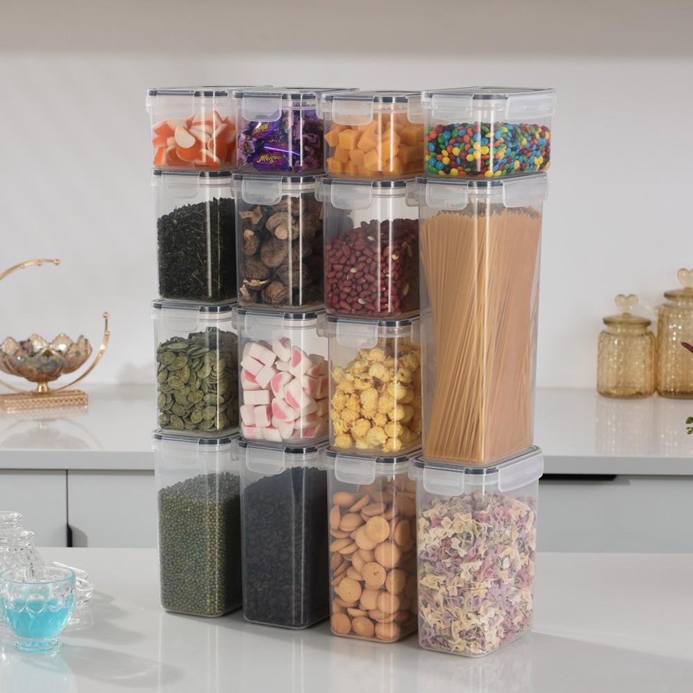 Cutii de depozitare alimente, Set din 15 Cutii pentru Condimente, Cereale, Cutii pentru Bucatarie, din Plastic PP, Cutii Alimentare, Diferite Dimensiuni, Transparente [5]