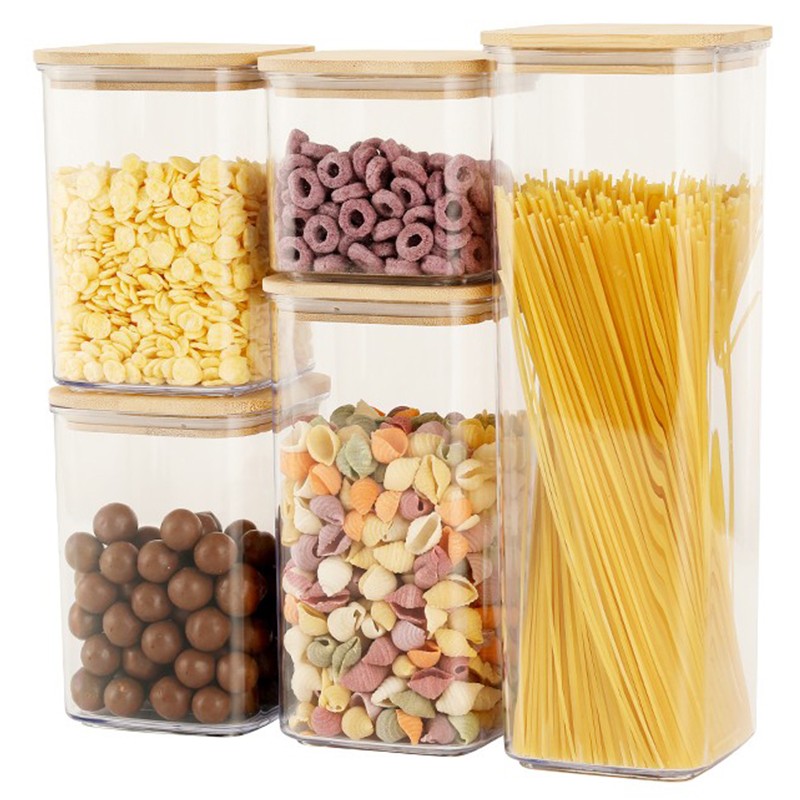 Organizatoare si Depozitare Bucatarie - Cutii de Depozitare Alimente, Set din 5 Cutii de tip Container, Cutii pentru Cereale, din Plastic, Capac din Bambuc, 1pc 0.5 l. 2pc 0.8 l, 2pc 1.2 l, 1pc 1.9 l, Transparente