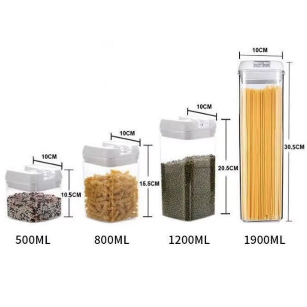 Cutii de Depozitare Alimente, set din 5 Cutii pentru Condimente, Volumetrie 0.5l, 0.8l, 1.2l, 1.9l, Transparente cu Capac Alb [3]