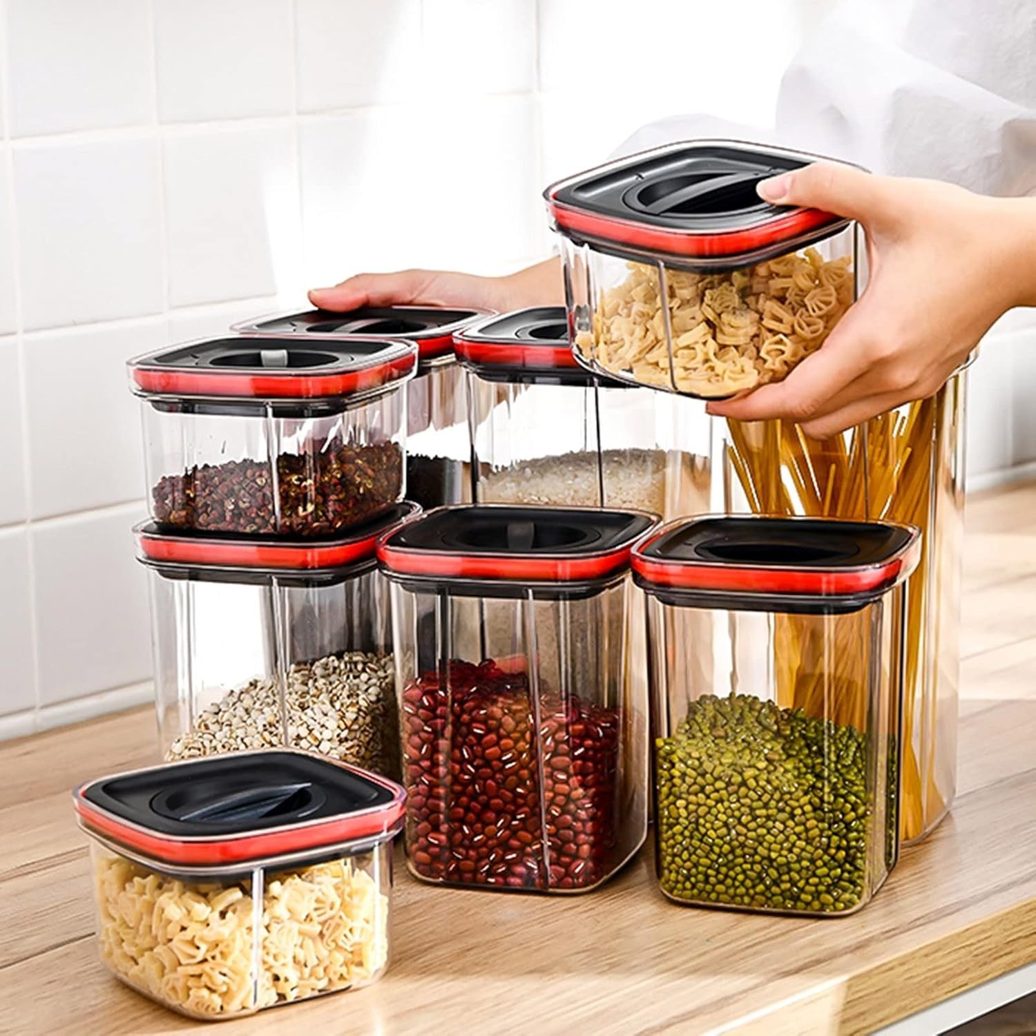 Cutii de Depozitare Alimente, Set din 5 Cuti de tip Container, Recipiente pentru Cereale in Bucatarie,  Transparente cu Capac Negru [2]