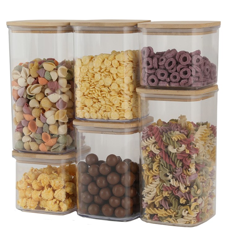 Organizatoare si Depozitare Bucatarie - Cutii de Depozitare Alimente, Set din 6 Cutii de tip Container, Cutii pentru Cereale, din Plastic, Capac din Bambuc, 2pc 0.5 l. 2pc 0.8 l, 2pc 1.2 l, Transparente