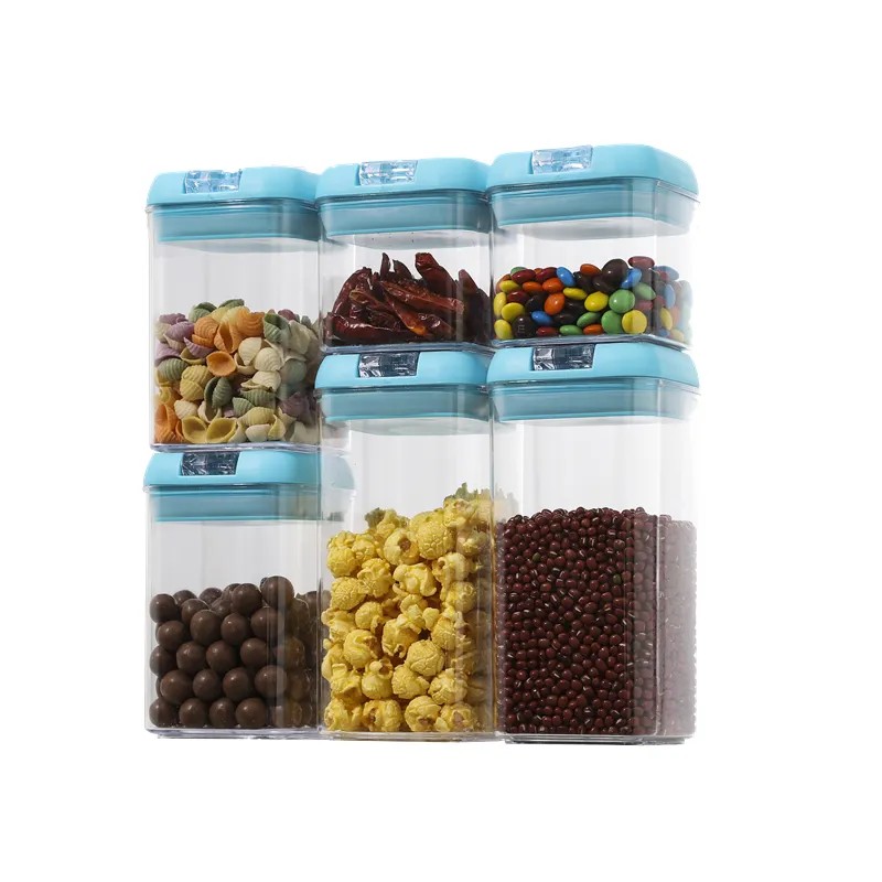 Organizatoare si Depozitare Bucatarie - Set 6 Cutii de Depozitare Alimente, 2 x 500ml, 2 x 800ml, 2 x 1200ml, Capac Albastru, din PP+PET, Inchidere Ermetica, Transparent