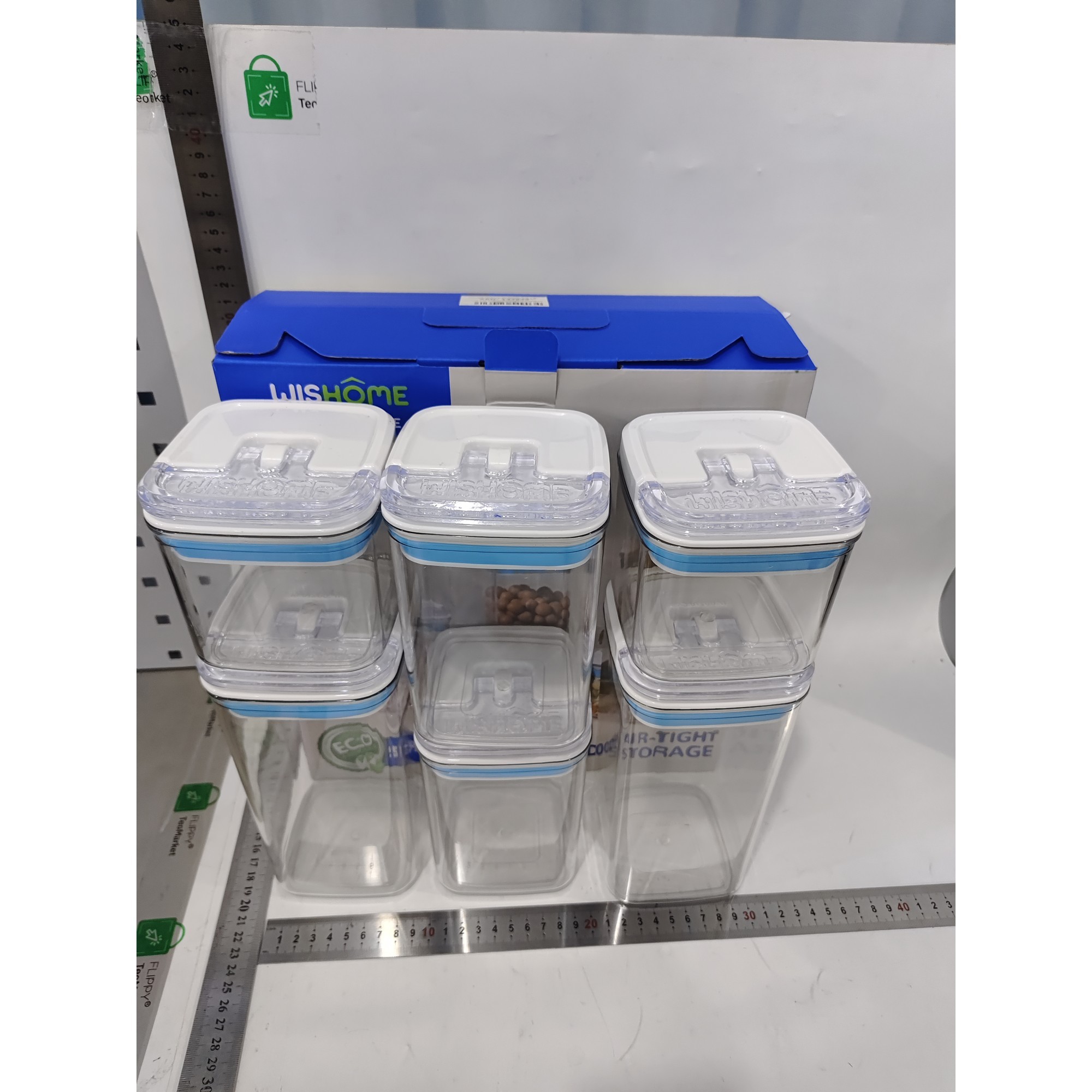 Cutii de Depozitare Alimente, Set din 6 Cutii de tip Container, 2x0.5 l, 2x0.8 l, 2x1.2 l, Recipiente pentru Cereale in Bucatarie, Transparente cu Capac Albastru-Alb [2]