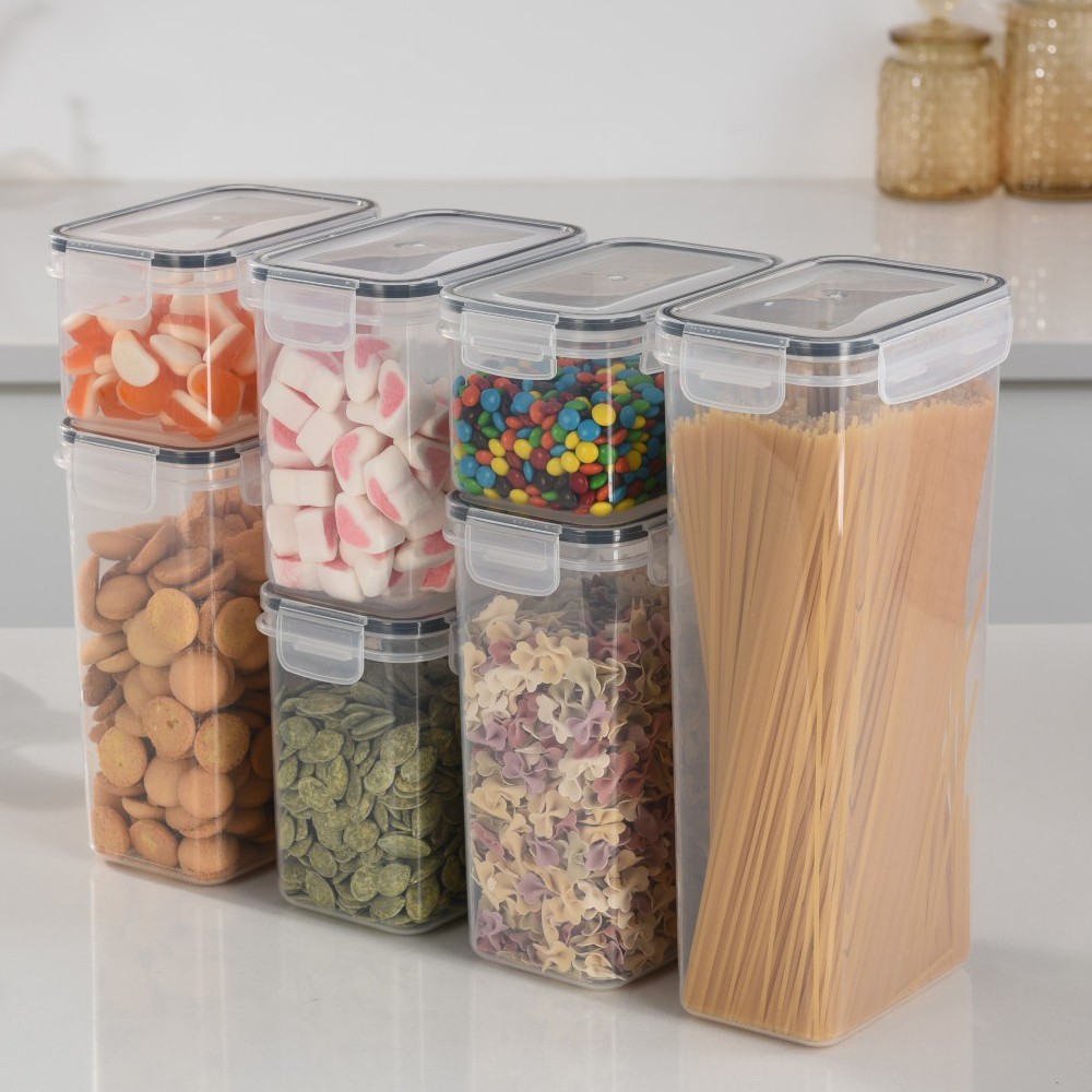 Cutii de depozitare alimente, Set din 7 Cutii pentru Condimente, Cereale, Cutii pentru Bucatarie, din Plastic PP, Cutii Alimentare, Diferite Dimensiuni, Transparente [5]