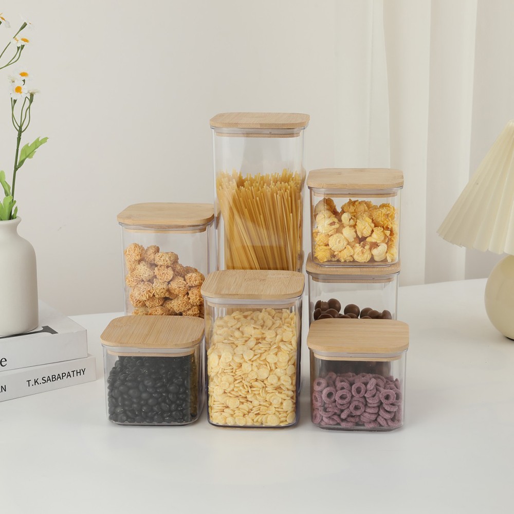 Cutii de Depozitare Alimente, Set din 7 Cutii de tip Container, Cutii pentru Cereale, din Plastic, Capac din Bambuc, 2pc 0.5 l, 2pc 0.8 l, 2pc 1.2 l, 1pc 2.5 l, Transparente [2]