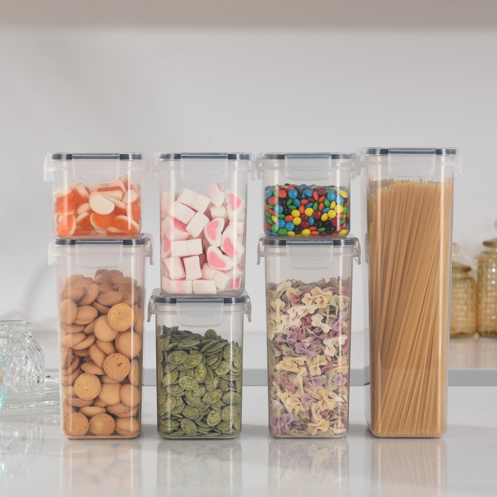 Cutii de depozitare alimente, Set din 7 Cutii pentru Condimente, Cereale, Cutii pentru Bucatarie, din Plastic PP, Cutii Alimentare, Diferite Dimensiuni, Transparente [6]