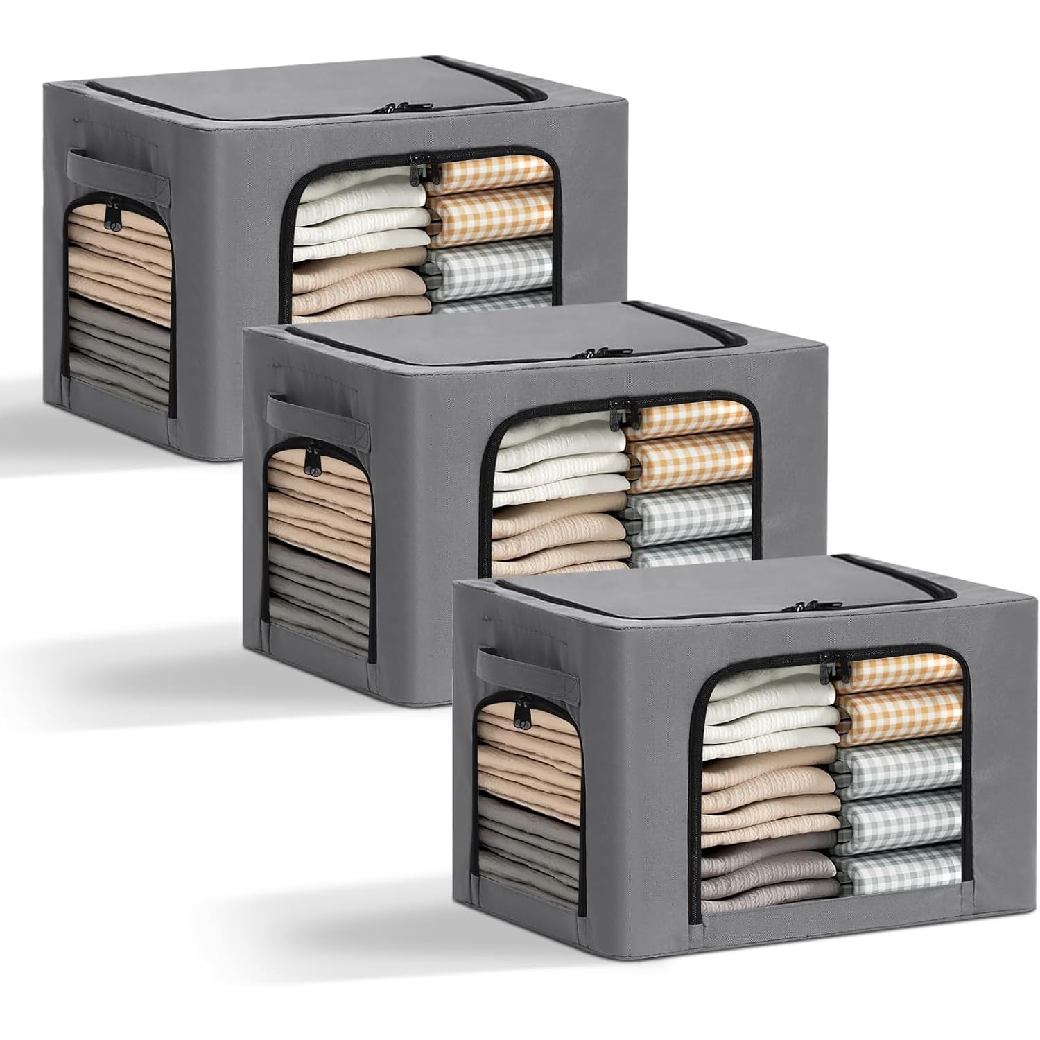 Cutie de Depozitare, cu 3 Ferestre cu Fermoar Bidirectional, Cadru din Otel, Impermeabil, 38L, 42 x 30 x 30 cm, Gri Inchis [2]