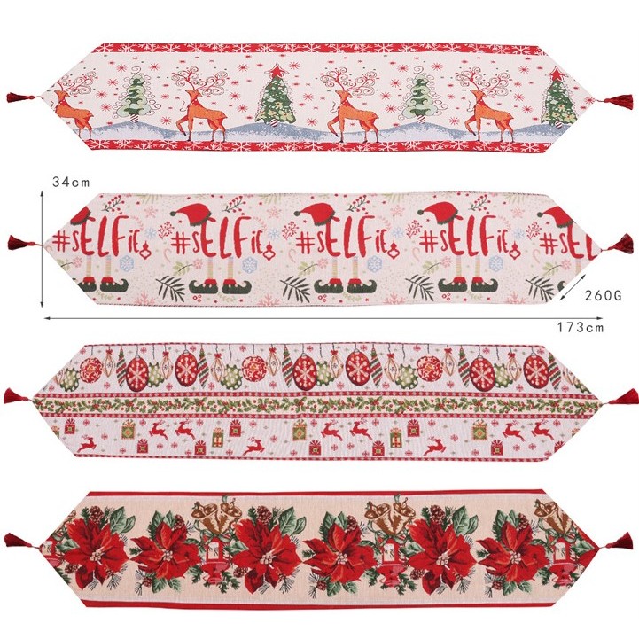 Traversa de Masa pentru Craciun, Napron, din Material Tricotat cu Tesatura Groasa, Model Globuri, Reni si Cadouri, cu Colt si Ciucure, 173x34x0.2 cm, Alb/ Rosu [2]