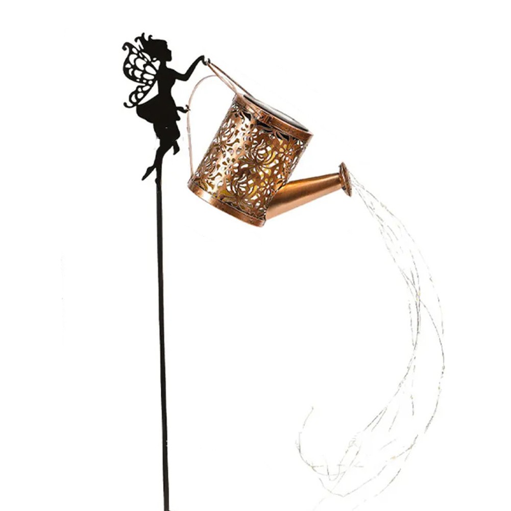 Articole pentru Gradina si Bricolaj - Decor Ornament pentru Gradina, Decoratiune pentru Gradina, Model Zana cu Stropitoare, Lumini LED Alb Cald, Inaltime 63 cm, Negru