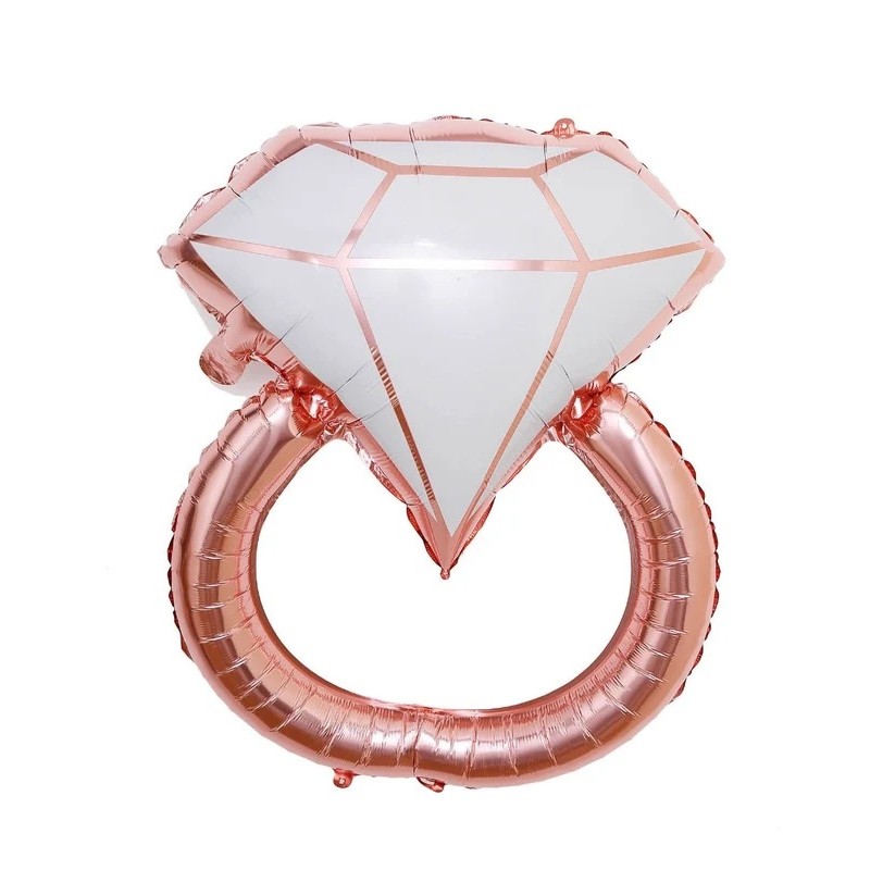 Tematica Nunta - Balon din Folie Metalizata, Figurina Inel de Logodna, Model Diamant, Tema Nunta, 60 cm, Ambalaj Individual, Pai Inclus, Umflare cu Aer sau Heliu, Roz