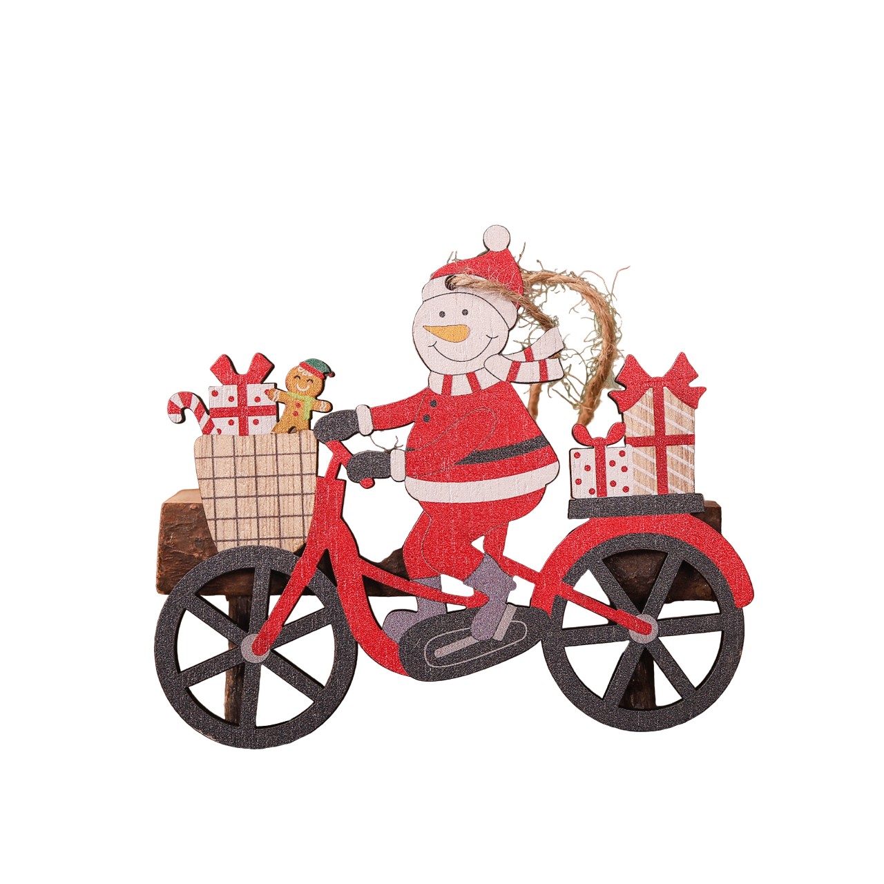 Craciun - Decoratiune de Craciun din Lemn, cu Snur pentru Agatare in Brad, Model Om de Zapada pe Bicicleta, 10.3x11.5x0.5 cm, Multicolor