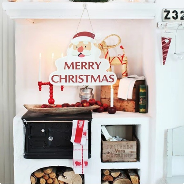 Decoratiune de Craciun, de Agatat, pentru Usa, Perete sau Brad, Sfoara Inclusa, 26.2 x 32.5 cm, din Hartie 350g, Model Mos Craciun, Alb/Rosu [2]