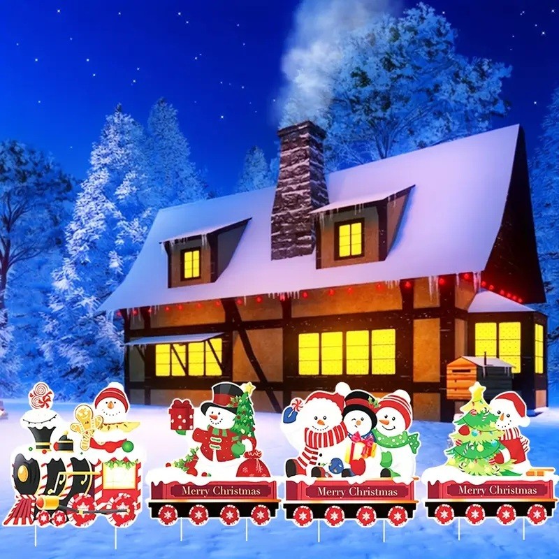 Decoratiune de Craciun, pentru Gradina, Tip Trenulet, 4 Figurine + Bete de Infipt in Pamant, din Plastic, Impermeabil, Model Oameni de Zapada, Multicolor [4]