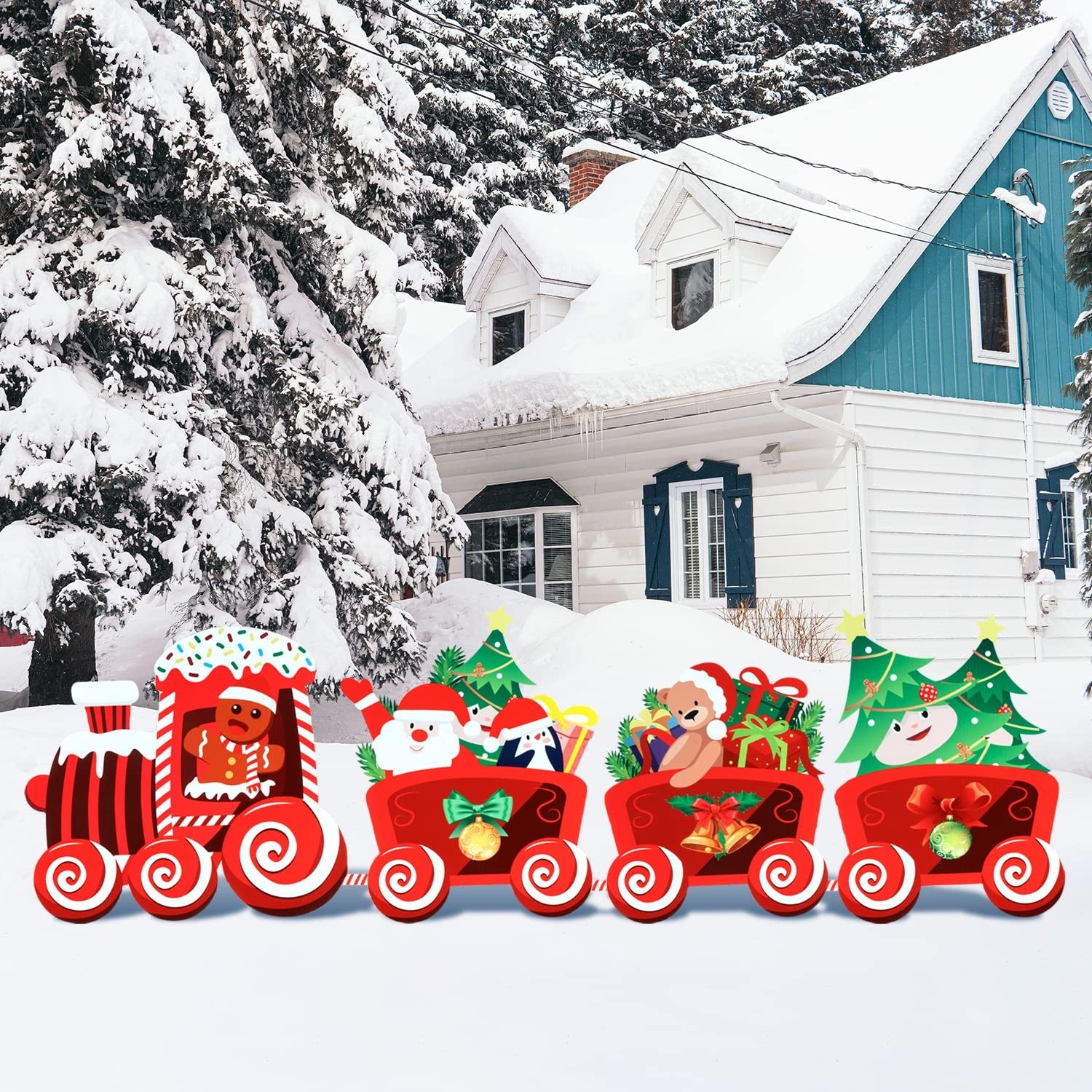 Decoratiune de Craciun, pentru Gradina, Tip Trenulet, 4 Figurine + Bete de Infipt in Pamant, din Plastic, Impermeabil, Model Tren cu Omul Briosa in Locomotiva, Multicolor [3]