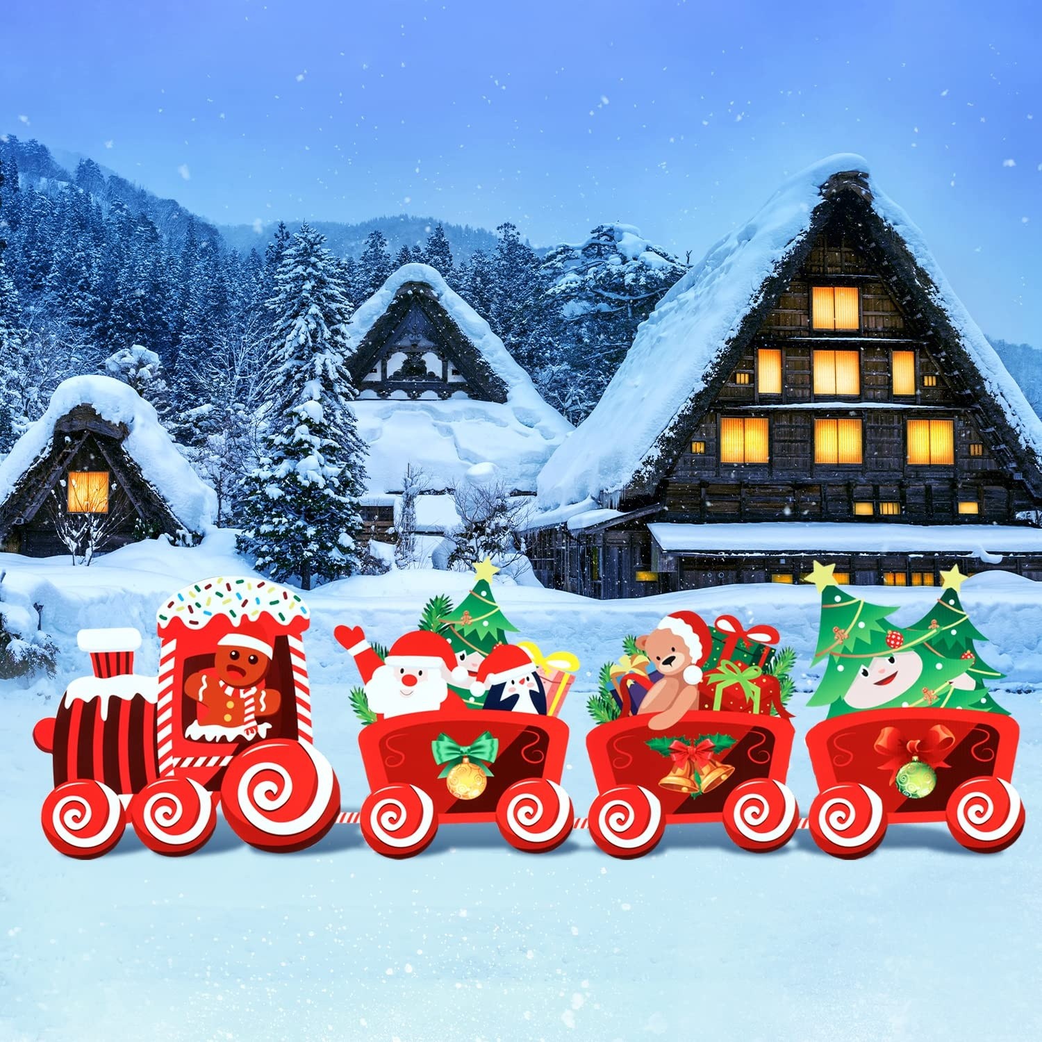 Decoratiune de Craciun, pentru Gradina, Tip Trenulet, 4 Figurine + Bete de Infipt in Pamant, din Plastic, Impermeabil, Model Tren cu Omul Briosa in Locomotiva, Multicolor [1]