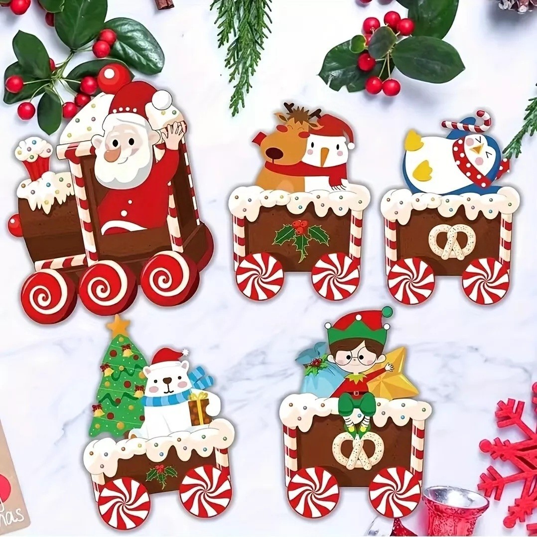 Decoratiune de Craciun, pentru Gradina, Tip Trenulet, 5 Figurine + Bete de Infipt in Pamant, din Plastic, Impermeabil, Model Mos Craciun cu Prietenii, Multicolor [4]