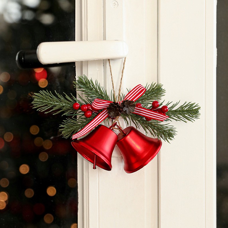 Decoratiune de Craciun pentru Brad, Model 2 Clopotei de Craciun cu Crenguta de Brad, Decoratiune pentru Interior de Craciun, Rosu lucios [3]