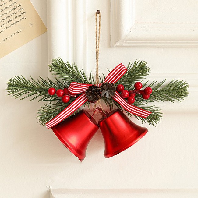 Decoratiuni Brad - Decoratiune de Craciun pentru Brad, Model 2 Clopotei de Craciun cu Crenguta de Brad, Decoratiune pentru Interior de Craciun, Rosu lucios