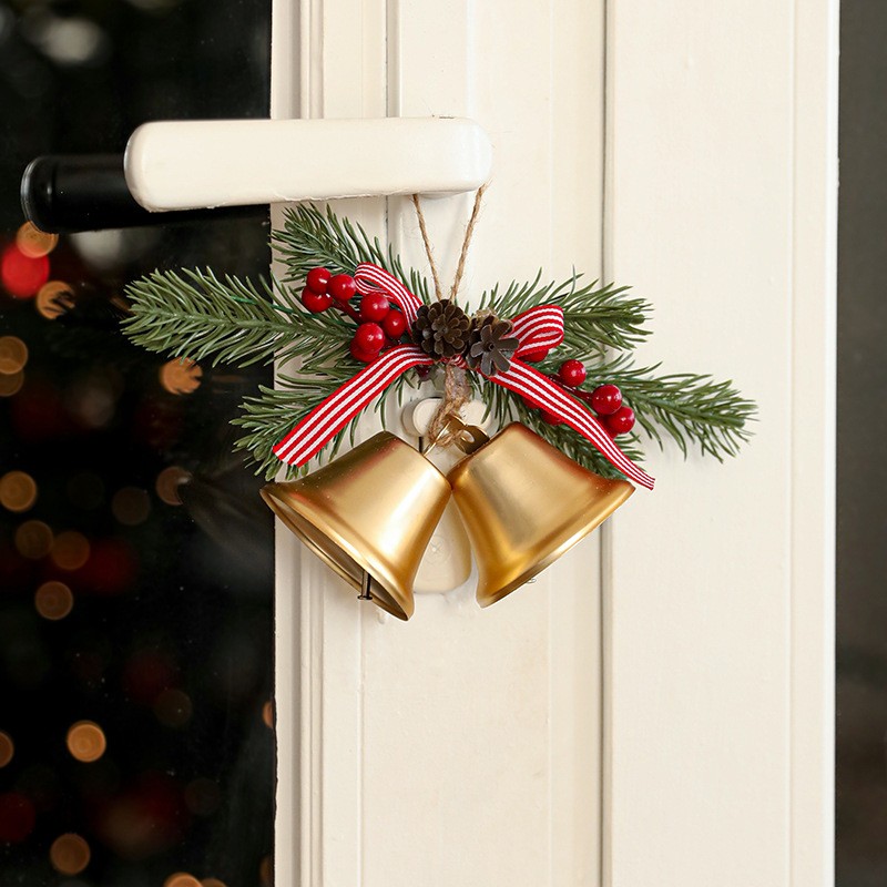 Decoratiune de Craciun pentru Brad, Model 2 Clopotei de Craciun cu Crenguta de Brad, Decoratiune pentru Interior de Craciun, Auriu [2]