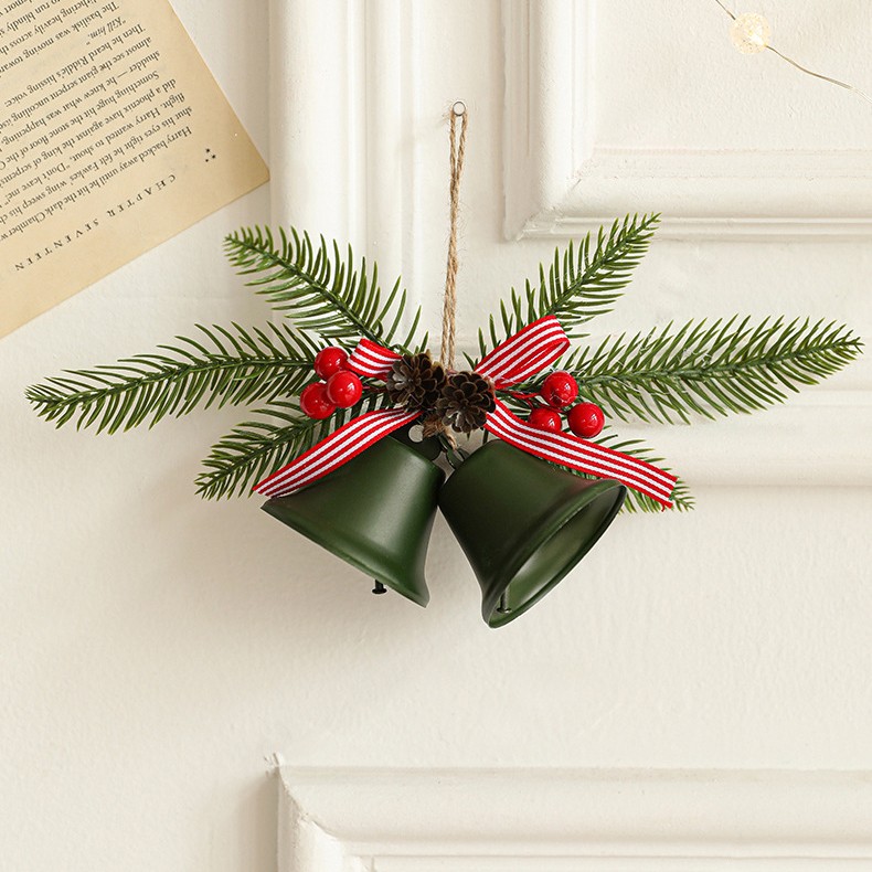 Decoratiuni Brad - Decoratiune de Craciun pentru Brad, Model 2 Clopotei de Craciun cu Crenguta de Brad, Decoratiune pentru Interior de Craciun, Verde mat