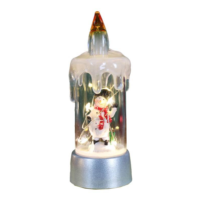 Decoratiuni Luminoase - Decoratiune de Craciun tip Lumanare, Lumanare de Cristal fara Fulgi de Zapada, Model Om de Zapada, Iluminare LED, 13 x 5 x 5 cm, Baza Gri, Transparent