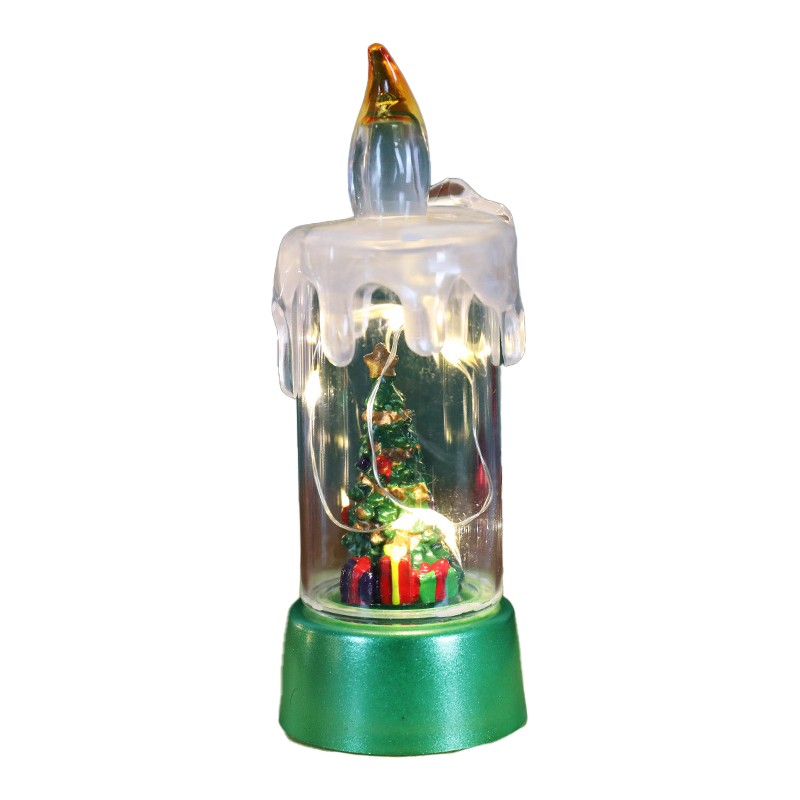 Decoratiuni Luminoase - Decoratiune de Craciun tip Lumanare, Lumanare de Cristal fara Fulgi de Zapada, Model Brad, Iluminare LED, 13 x 5 x 5 cm, Baza Verde, Transparent