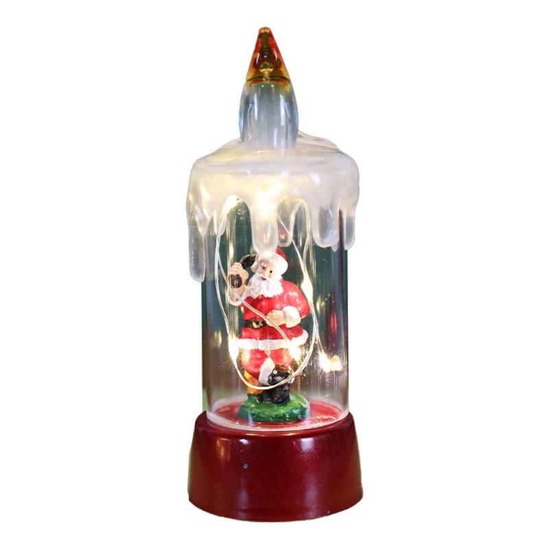 Decoratiuni Luminoase - Decoratiune de Craciun tip Lumanare, Lumanare de Cristal fara Fulgi de Zapada, Model Mos Craciun, Iluminare LED, 13 x 5 x 5 cm, Baza Rosie, Transparent