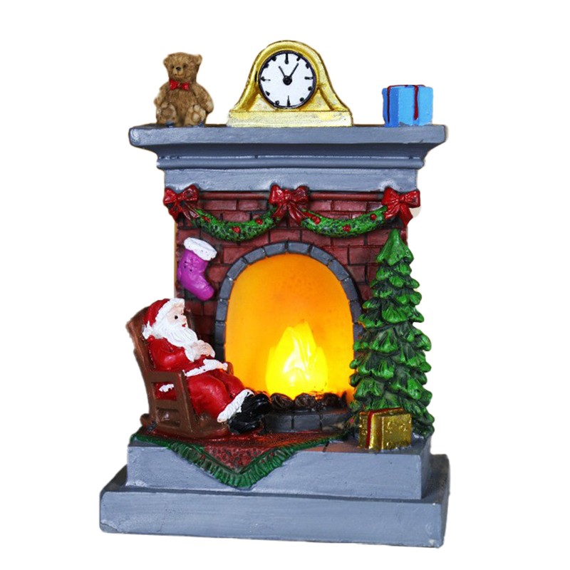 Decoratiuni Luminoase - Decoratiune de Craciun tip Semineu, Semineu Decorativ cu Foc din Rasina, Model Semineu cu Mos Craciun, Flacara Iluminare LED, 13.5 x 9 x 6 cm, Gri Rosu