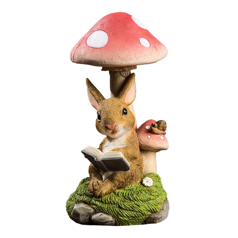 Articole pentru Gradina si Bricolaj - Decoratiune pentru Gradina, Lumini LED cu Incarcare solara, 19.5 x 9.5 x 9.5 cm, Model Ciuperca cu Iepuras care Citeste, Maro deschis