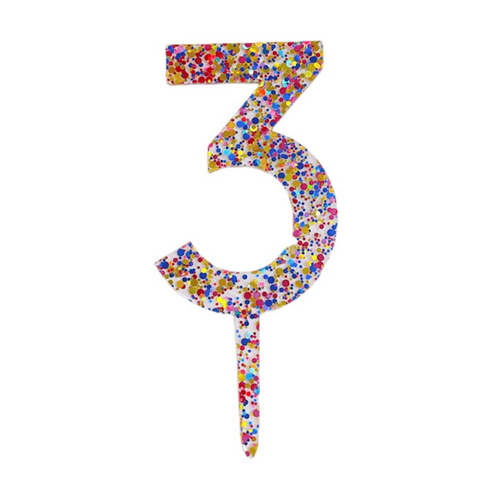 Lumanari si Toppere - Decoratiune Topper pentru Tort, din Acrilic cu Fulgi de Sclipici, Model Cifra 3, Inaltime 18.5 cm, Transparent Multicolor 