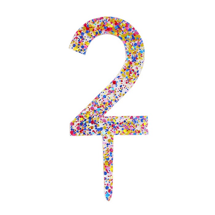 Lumanari si Toppere - Decoratiune Topper pentru Tort, din Acrilic cu Fulgi de Sclipici, Model Cifra 2, Inaltime 18.5 cm, Transparent Multicolor