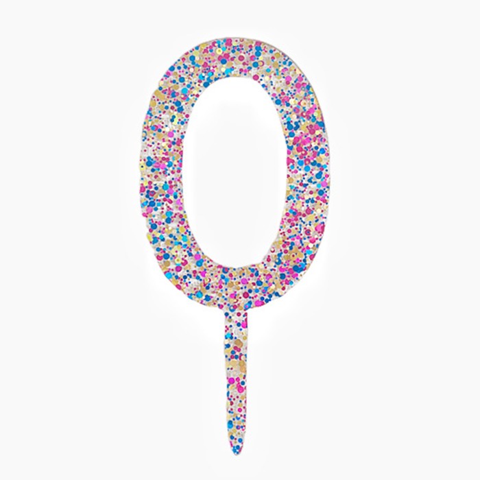 Lumanari si Toppere - Decoratiune Topper pentru Tort, din Acrilic cu Fulgi de Sclipici, Model Cifra 0, Inaltime 18.5 cm, Transparent Multicolor