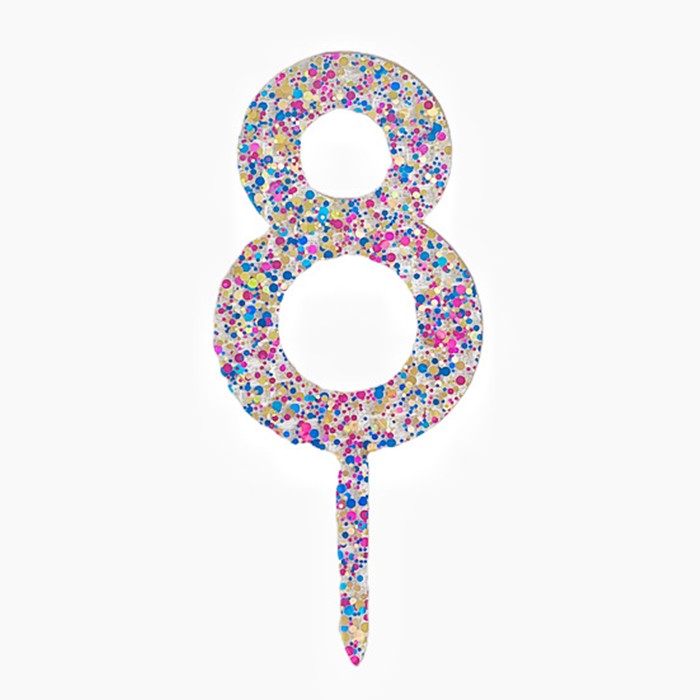 Lumanari si Toppere - Decoratiune Topper pentru Tort, din Acrilic cu Fulgi de Sclipici, Model Cifra 8, Inaltime 18.5 cm, Transparent Multicolor 