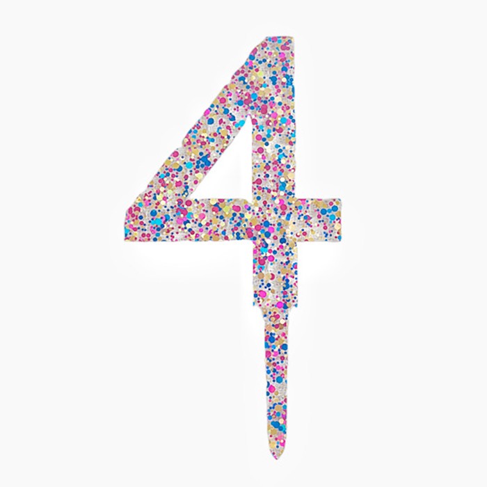 Lumanari si Toppere - Decoratiune Topper pentru Tort, din Acrilic cu Fulgi de Sclipici, Model Cifra 4, Inaltime 18.5 cm, Transparent Multicolor 