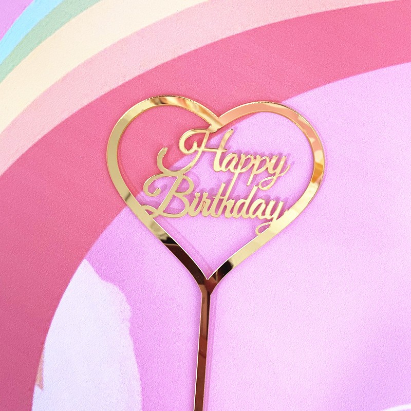 Decoratiune Topper pentru Tort, Model Inimioara Scris Happy Birthday, Tematica Aniversare, Auriu [6]