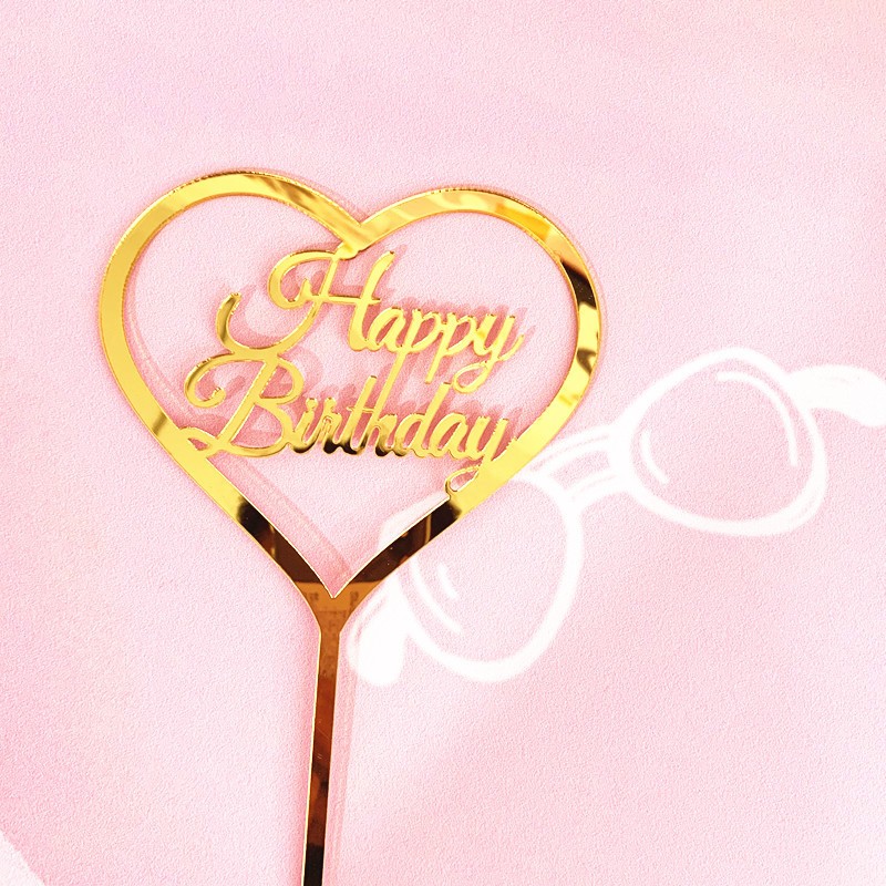 Decoratiune Topper pentru Tort, Model Inimioara Scris Happy Birthday, Tematica Aniversare, Auriu [4]